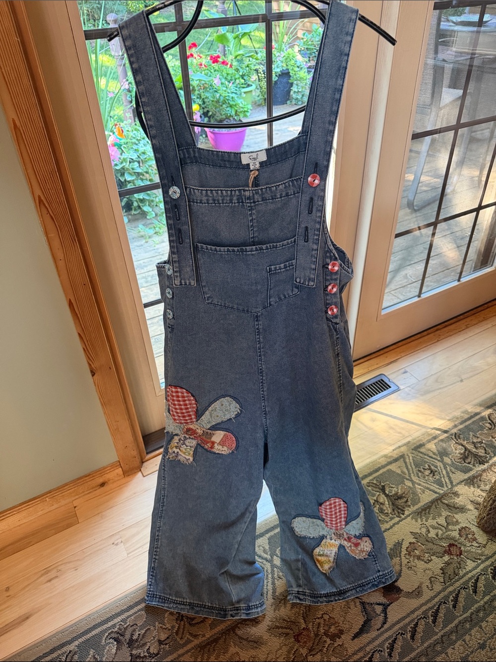 Easel Denim Adjustable Overalls with Playful Plaid Patch Flower Accents Sz M NWT
